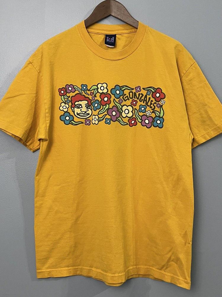 Y2K Krooked Mark Gonzoles Original Yellow Gold Color Floral Art T-Shirt Large